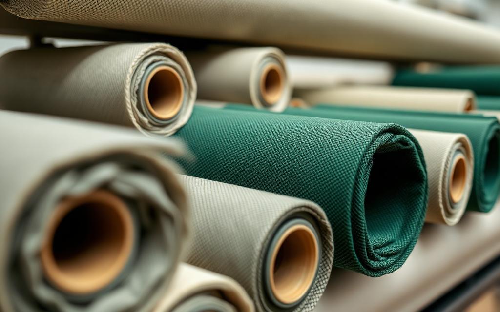 Rolls of premium fabric in natural and neutral tones stacked ready for production