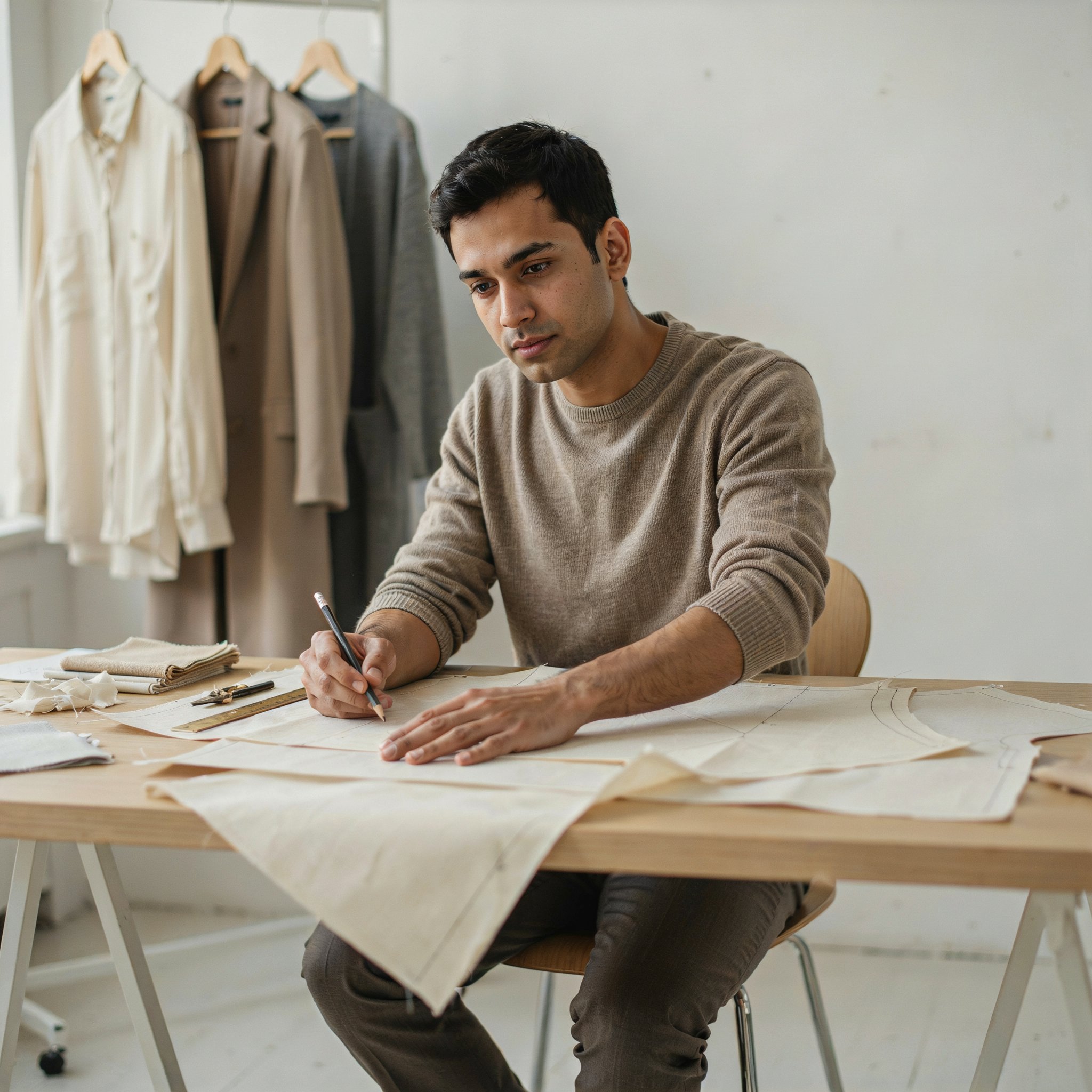 Fashion designer reviewing fabric swatches at a studio desk